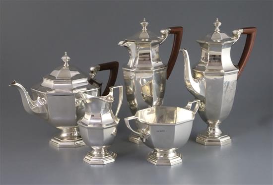A mid 20th century Mappin & Webb silver five piece tea and coffee service, gross 82 oz.